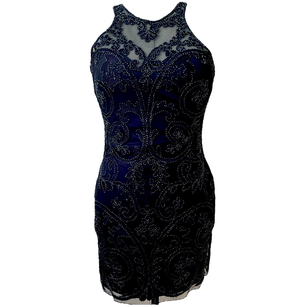 Beaded Navy Blue sleeveless Mini prom or wedding party dress Sz: L